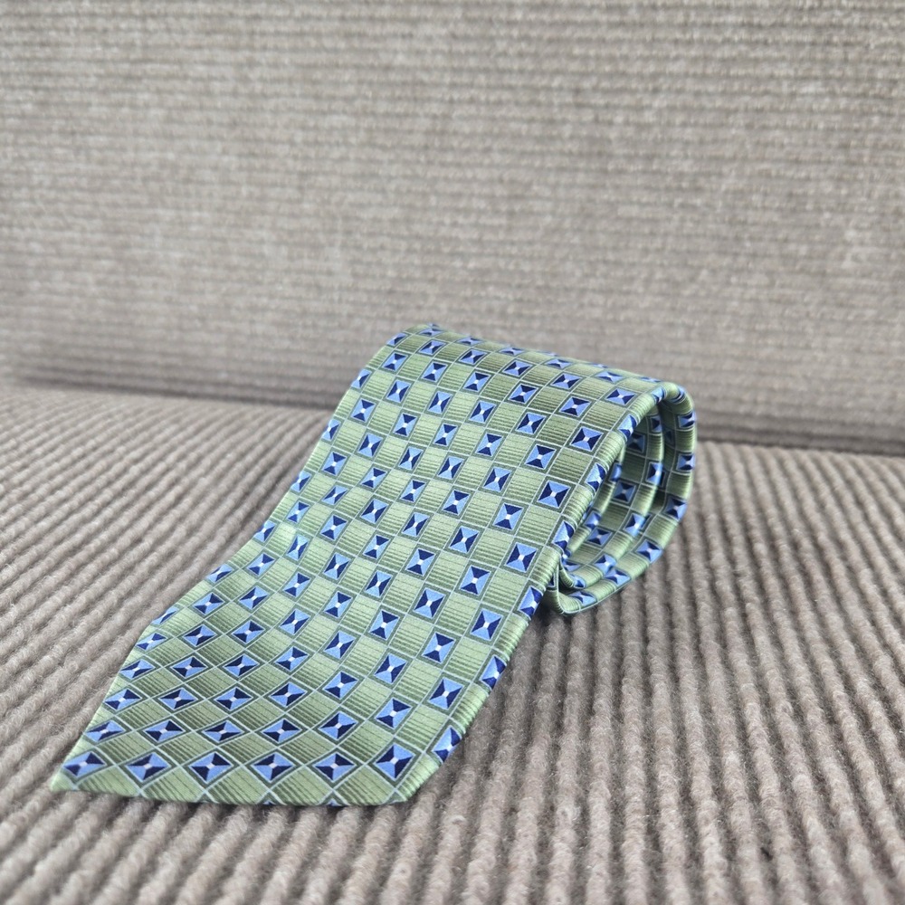 Perry Ellis Portfolio Mens Green Blue Geometric Square Silk Necktie